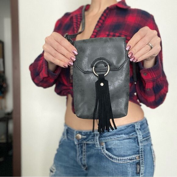 Vegan Leather Purse Crossbody Multiway Waist Fanny Pack Gray Fringe Boho - Picture 4 of 13